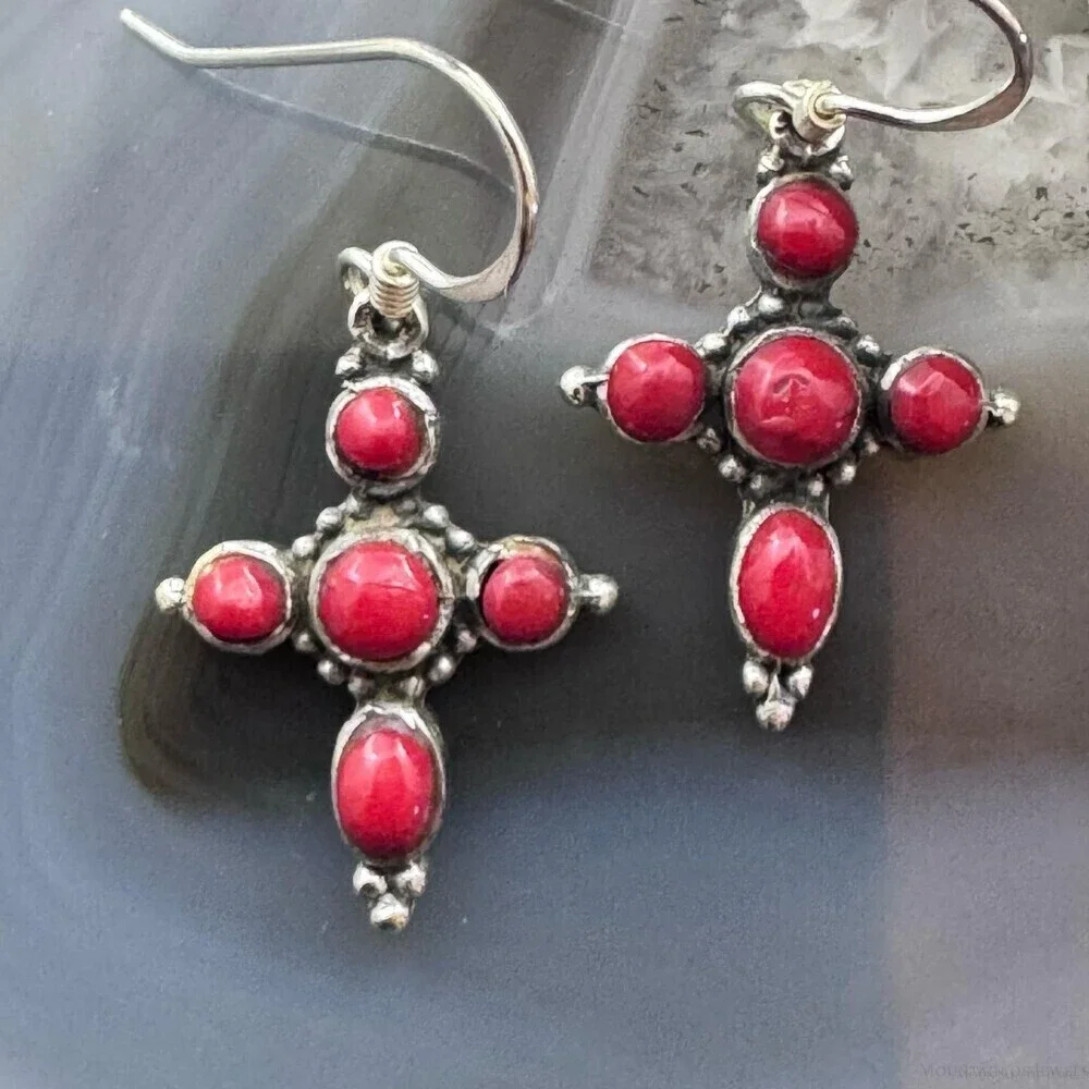 Sterling Silver Southwestern Style Red Jasper Cross Dangle Earrings For Women